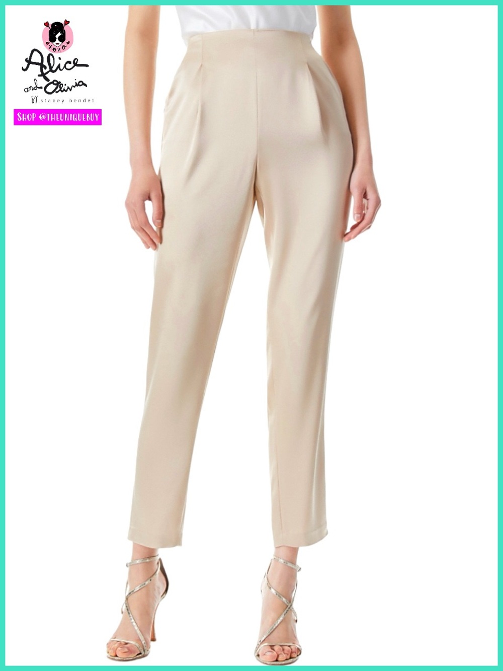 Alice + Olivia Jessie Slim Beige Sand Cropped Ankle Satin Pant